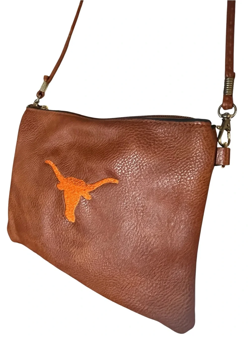 Texas Longhorns Brown Leather Crossbody Bag with Orange Longhorn Accent H60